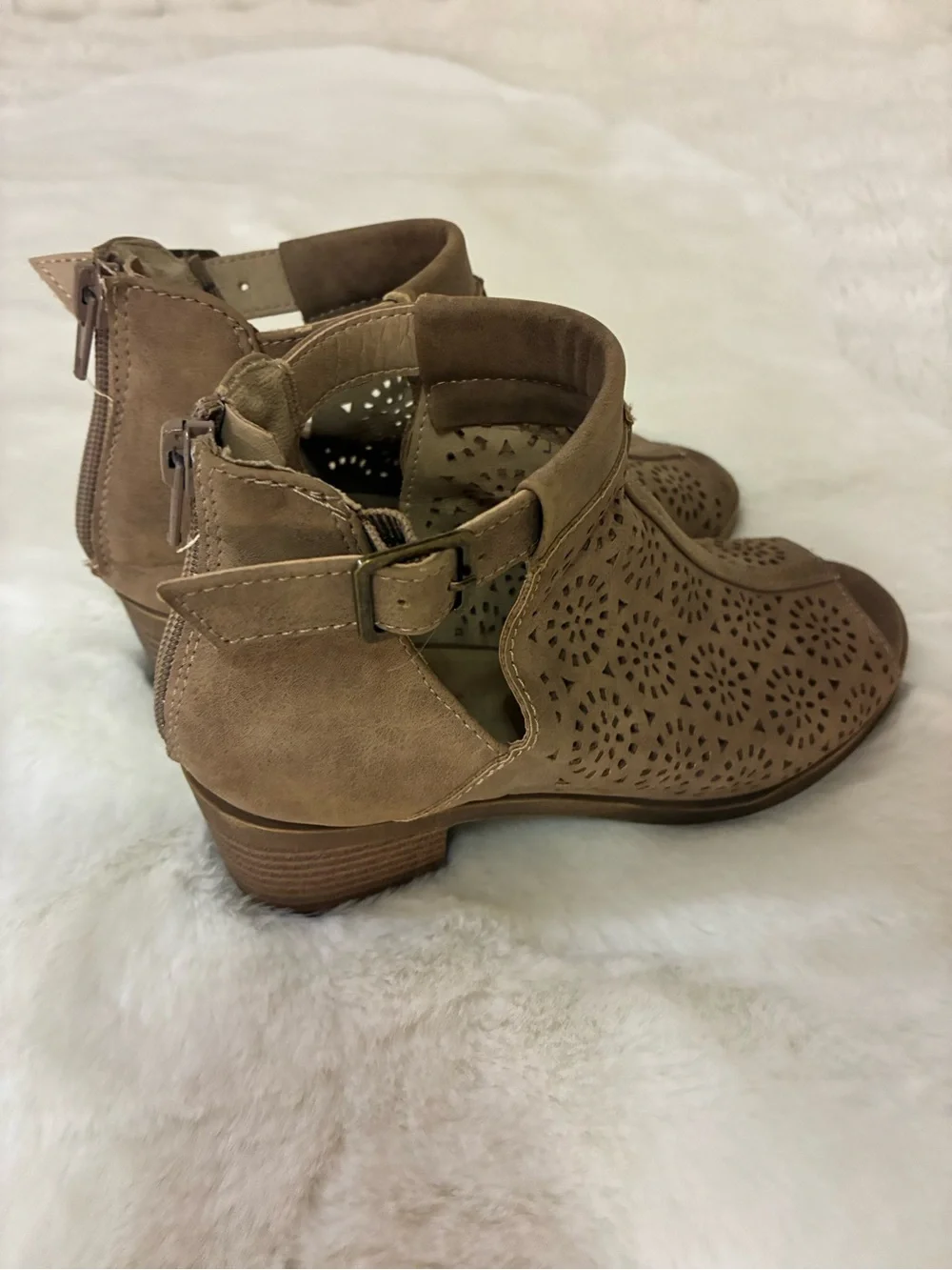 Jellypop Taupe Laser-Cut Peep-Toe Ankle Heels